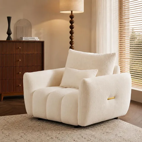 Miniatura 3 de Boucle Living Room Chairs, Modern Comfy Reading Armchair with Lumbar Pillow for Bedroom, Apartment, Office, 450 LBS Capacity, Beige