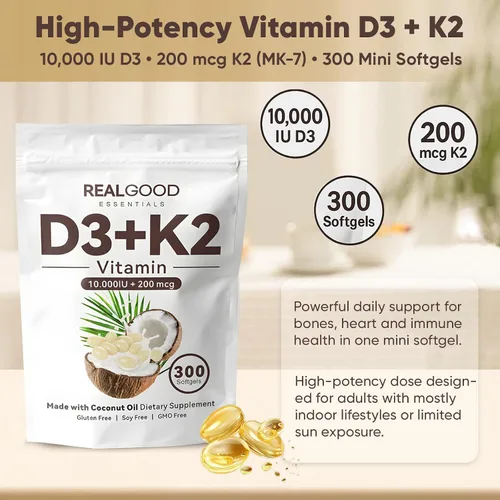 Miniatura 2 de Real Good Essentials Vitamina D3 K2, Essentials D3+K2 (MK7) Aceite de coco 300 cápsulas blandas, con vitaminas D y K (1)