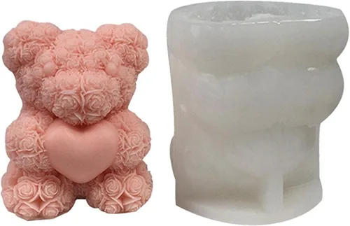 Naysku Molde de silicona de oso de flores 3D, molde de vela de silicona de oso, moldes de resina de oso de flores de corazón para hacer velas, molde