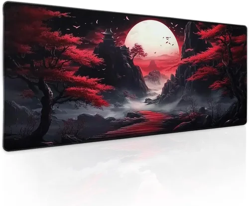Miniatura 47 de Alfombrilla de ratón rosa y verde anime geométrica japonesa extendida para escritorio 90X40 CM, base de goma antideslizante, borde cosido