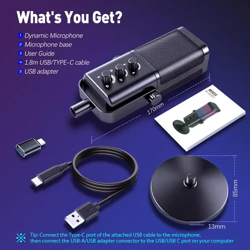 Miniatura 8 de VCOM - Micrófono USB para PC, micrófono RGB para juegos con botón de silencio, control de ganancia, conector de auriculares de monitoreo de 3.5 mm