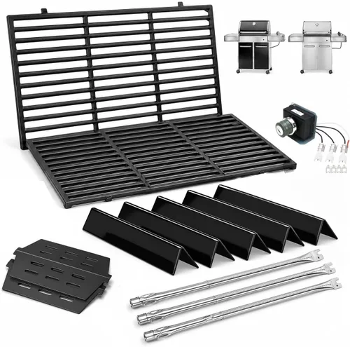 Uniflasy Para Weber Genesis 300 Grill Parts Rejillas de cocción de hierro fundido, tubos de quemador de acero inoxidable 304, barras aromatizantes