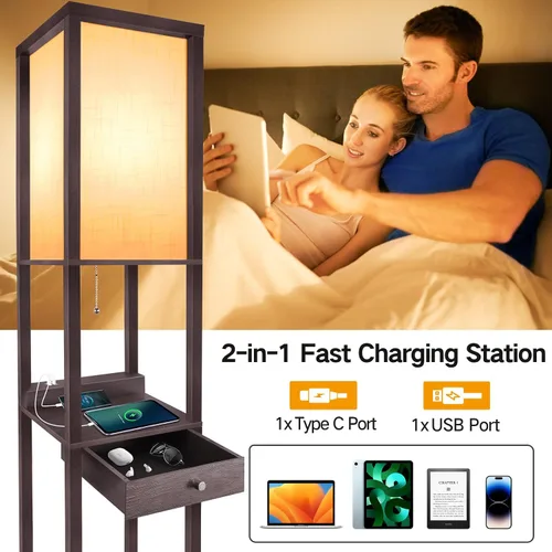 Miniatura 2 de OUTON - Lámpara de pie con estantes de lujo, incluye 1 cajón, 2 puertos USB-C, 2 tomas de corriente, lámpara LED moderna de pie con 3 temperaturas