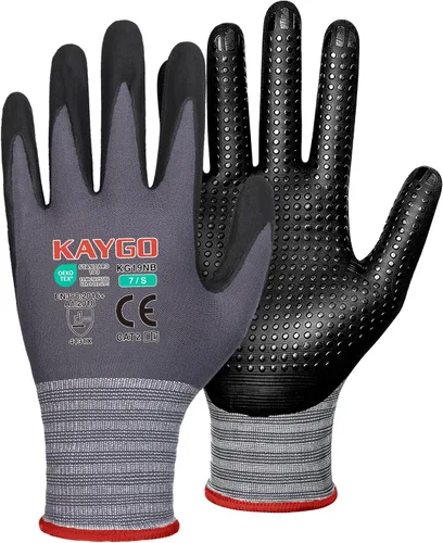 Miniatura 11 de KAYGO MicroFoam - Guantes de trabajo con revestimiento de nitrilo, 12 pares KG19N de nailon de punto sin costuras, micropuntos para un mejor agarre