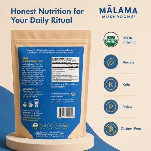 Miniatura 2 de Polvo de extracto de Chaga de Malama, polvo de hongos Chaga orgánico fructífero, superalimento adaptogénico, apoya el sistema inmunológico, la salud