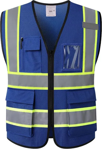 Chaleco de seguridad reflectante para hombres y mujeres con 5 bolsillos y cierre frontal, chaleco de malla de alta visibilidad para construcción y