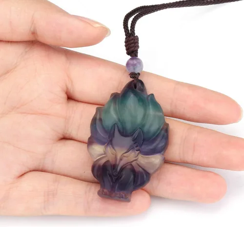 Miniatura 7 de Jovivi - Collar de zorro con cuarzo rosa natural y hielo de obsidiana, con piedras preciosas de cristal curativo, collar y dije de protección