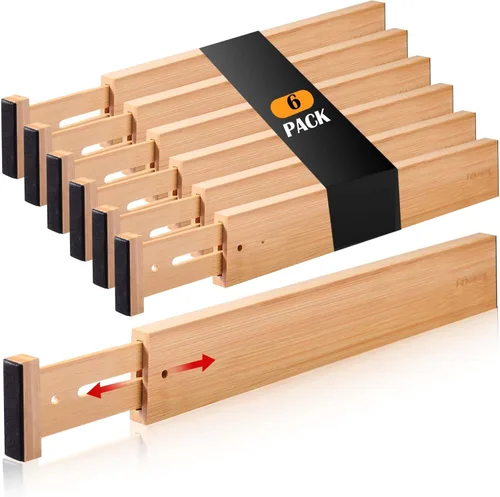Fabsome Divisores de cajón, 6 unidades, organizadores de cocina de bambú ajustables de 17 a 22 pulgadas, separadores de tocador de madera para