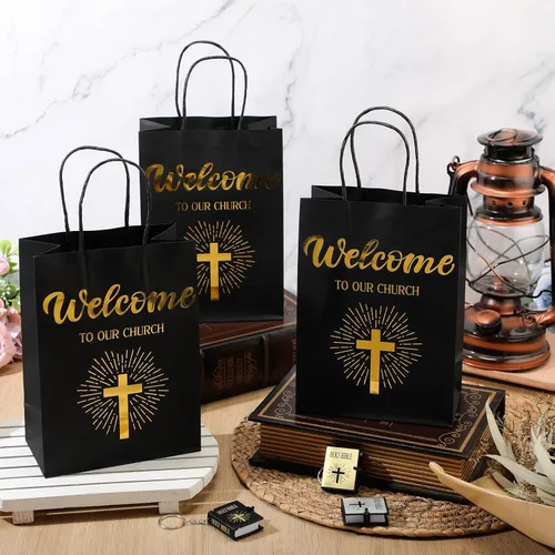 Miniatura 4 de Chuangdi 50 bolsas de regalo de bienvenida a la iglesia, bolsas de papel cristiano con asas para invitados, día de la madre, baby shower, Negro