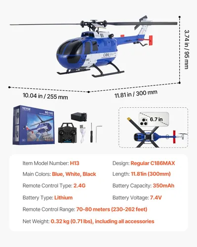 Miniatura 7 de VEVOR Helicóptero RC, helicóptero de control remoto de 4 hélices de 2.4 GHz con giroscopio de 6 ejes, avión RC de 4 canales para principiantes, luz