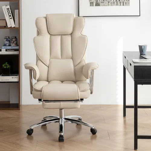 Silla de oficina de piel sintética totalmente reclinable y cómoda silla de oficina grande y alta, 500 libras con reposapiés, ruedas y brazos Beige