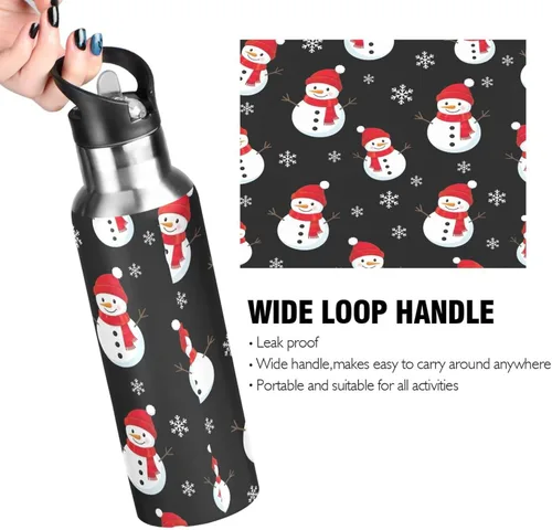Miniatura 4 de Cute Snowmen Black Stainless Steel Vacuum Insulated Water Bottle 20 Oz Leakproof Water Bottles, BPA-Free Sports Water Bottle with Straw