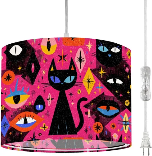 Miniatura 8 de Boho Plug in Pendant Light Mid Century Modern Art Abstract Geometric Seamless 16.4ft Plug in Cord Dimmable Hanging Lamp Fabric Lamp Shade Pendant