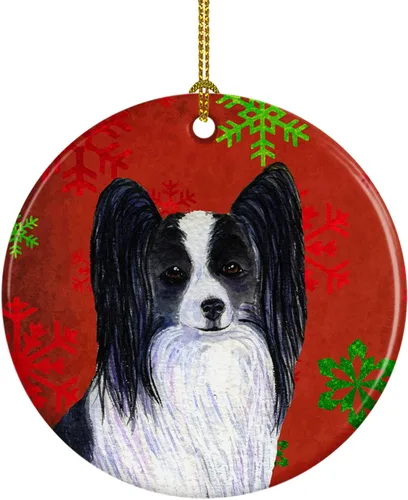 Miniatura 75 de Caroline's Treasures Bulldog English - Copos de nieve rojos y verdes, adorno de cerámica de Navidad, decoración colgante para el hogar, Navidad