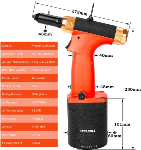 Miniatura 3 de Kit de herramientas de remache de aire hidráulico de pistola de remache neumático con piezas nasales de 3/32 y 1/8 y 5/32 y 3/16 pulgadas