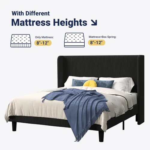 Miniatura 9 de Allewie - Base de cama tamaño Queen con cabecera tapizada de ala de respaldo, plataforma de cama de terciopelo corduroy acolchado con diseño Negro