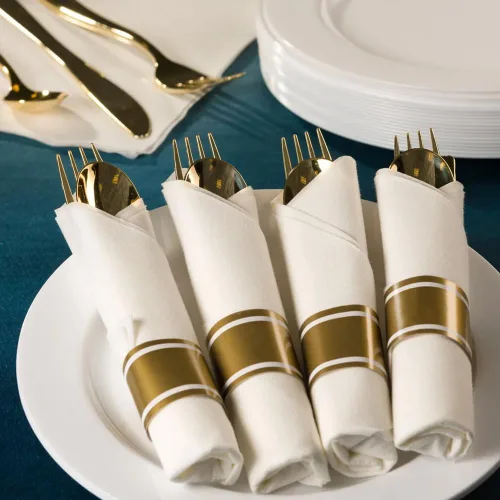 Miniatura 2 de Juego de 40 cubiertos y servilletas preenrollados con cubiertos dorados pulidos de tamaño completo, 10 tenedores, 10 cuchillos, 10 cucharas