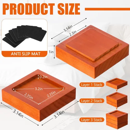 Miniatura 2 de Paquete de 8 elevadores de madera maciza para muebles, altura ajustable de 1 a 4 pulgadas, agujero empotrado antideslizante con 8 tapetes