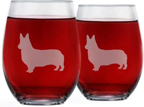 Copas de vino sin tallo de Corgi (juego de 2) | Regalo único para amantes de perros | Grabadas a mano con el nombre de la raza en la parte inferior