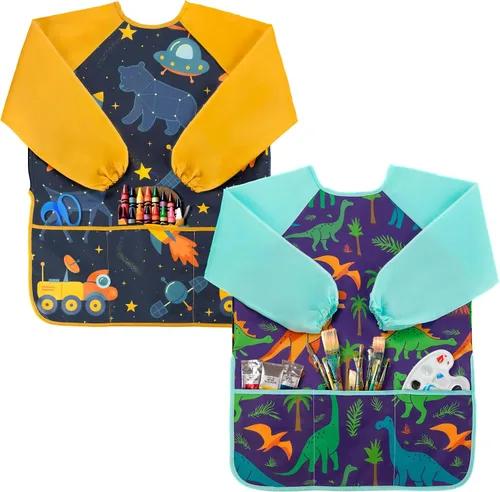 Oiomniv Delantal de Arte para Niños – Delantal de Pintura de Manga Larga Impermeable con 3 Bolsillos, Delantal Lavable para Niños Pequeños y Niños