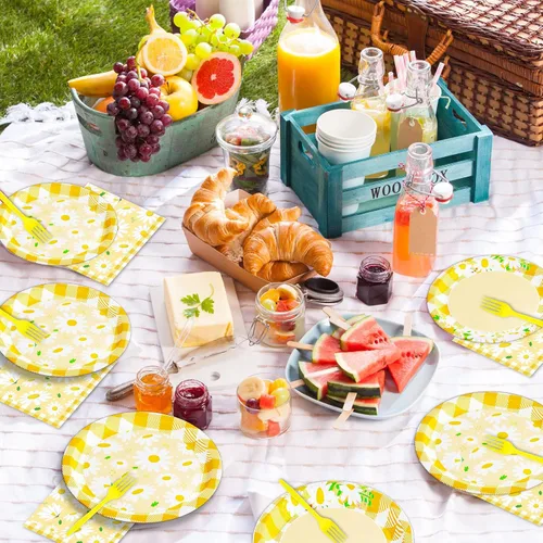 Miniatura 6 de Wiooffen 96 piezas de suministros de fiesta de margaritas para 24 invitados, juego de vajilla de fiesta de margaritas amarillas, paquete de fiesta