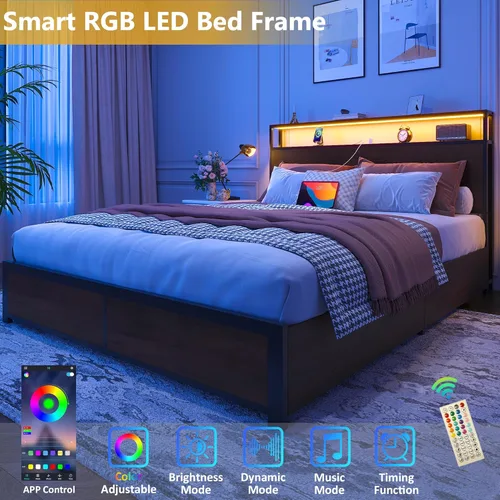 Miniatura 4 de Lifezone Base de cama Queen con cabecera de almacenamiento de 2 niveles, base de cama de plataforma de metal con 4 cajones de almacenamiento, Marrón