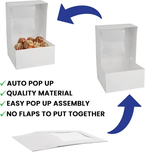 Miniatura 5 de MT Products - Caja blanca de cartón para panadería auto armable de 6 pulgadas de largo, x 6 pulgadas de ancho x 3 pulgadas de alto con ventana