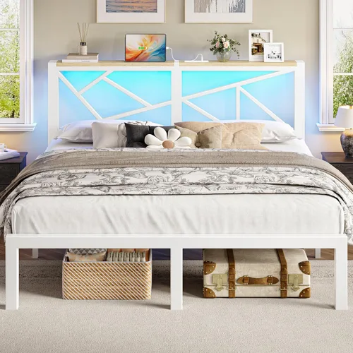 Miniatura 14 de ChicZhiNest Armazón de cama de metal negro tamaño twin con estación de carga USB, iluminación ambiental LED y cabecera de almacenamiento de madera