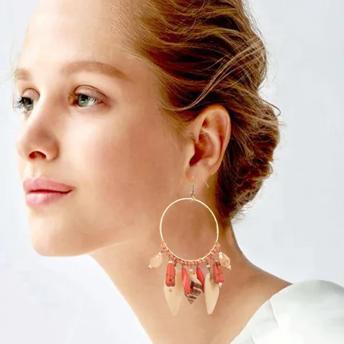 Miniatura 5 de Touchstone Fresh Bollywood Brass Wire Hoop Shell Glass Beads Hangings Designer Fashion Jewelry Earrings In Antique Gold Tone For Women.