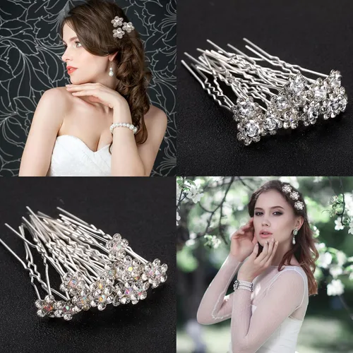 Miniatura 5 de 60 horquillas para el pelo de boda para novia, perlas plateadas, diamantes de imitación, flor de cristal, clips en forma de U, joyería de diamante