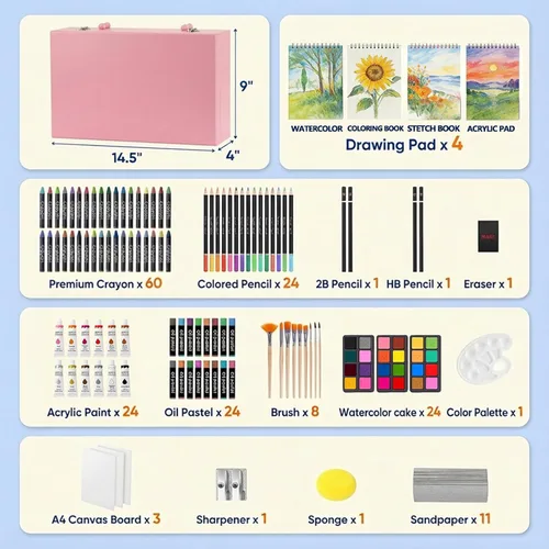 Miniatura 2 de Juego de arte de lujo de 194 piezas, suministros de pintura y dibujo con 4 blocs de dibujo, pinturas acrílicas, crayones, juego de lápices de Rosa