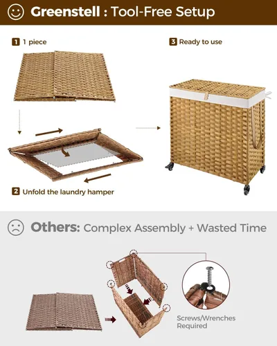 Miniatura 24 de GREENSTELL Cesta para ropa sucia con ruedas y tapa, 130 L, cesta grande de 3 secciones con 2 tipos de bolsas de forro extraíbles, 5 bolsas de malla