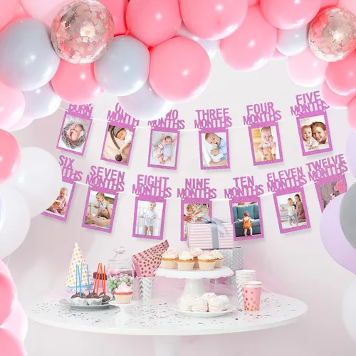 Miniatura 7 de Whaline Cartel de fotos de bebé de primer cumpleaños para recién nacidos a 12 meses, guirnalda de fotos de hitos mensuales, decoración de Rosa fuerte