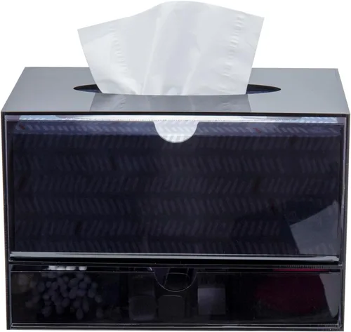 Miniatura 7 de MyGift Organizador de cosméticos de acrílico negro premium y cubierta de caja de pañuelos con cajón de almacenamiento de maquillaje extraíble