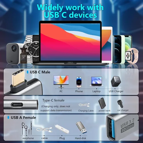 Miniatura 4 de SinLoon USB C a USB 3.2 10Gbps Tipo C a USB A Adaptador OTG hembra y adaptador de fuente de alimentación PD de 100W para el teléfono de la tableta
