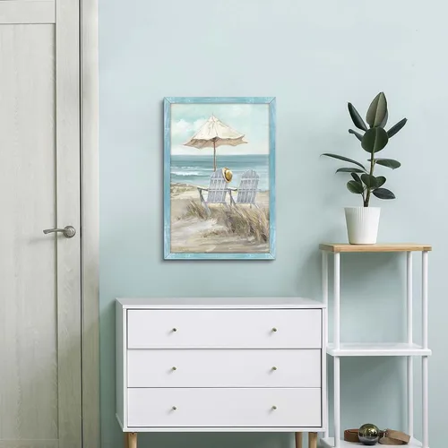 Miniatura 4 de Arte de pared enmarcado costero abstracto, imagen de silla de playa, pintura moderna del océano, impresiones de paisaje marino relajante, decoración