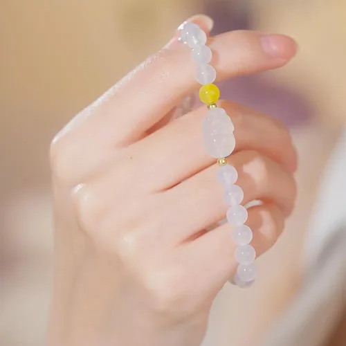 Miniatura 4 de Pulseras de oro de 18K con cuentas de calcedonia, pulsera con amuleto Pixiu, pulsera elástica natural con cuentas redondas de calcedonia