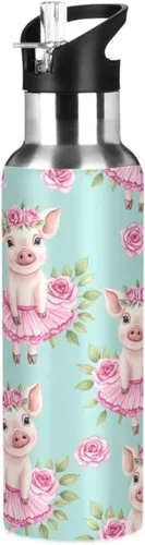 Cute Watercolor Pigs Flower Crowns Insulated Stainless Steel Water Bottle with Straw 20 Oz Leakproof Water Bottles, BPA-Free Sports Water Bottle