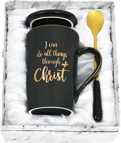 YHRJWN Regalos cristianos para mujeres y hombres, taza con texto en inglés "I Can Do All Things Through Christ", regalos religiosos, taza para