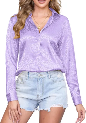 Miniatura 16 de CUNLIN Camisas de satén de seda suave con botones de leopardo para mujer, camisa de trabajo de manga larga de seda, blusas de vestir, tops