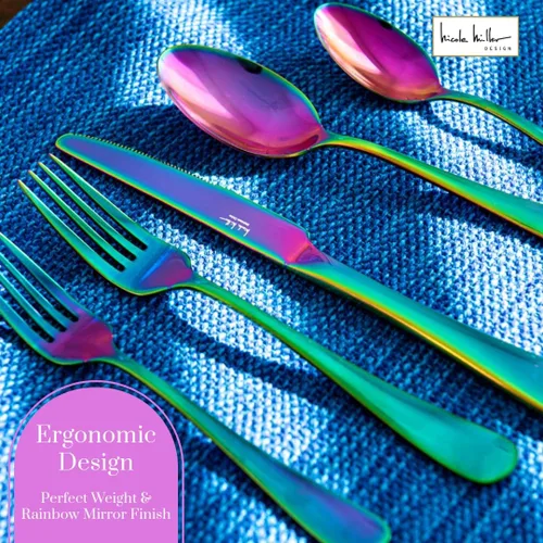 Miniatura 5 de Nicole Miller - Juego de cubiertos de 20 piezas, diseño de arcoíris, modernos utensilios de cocina de acero inoxidable para un comedor elegante