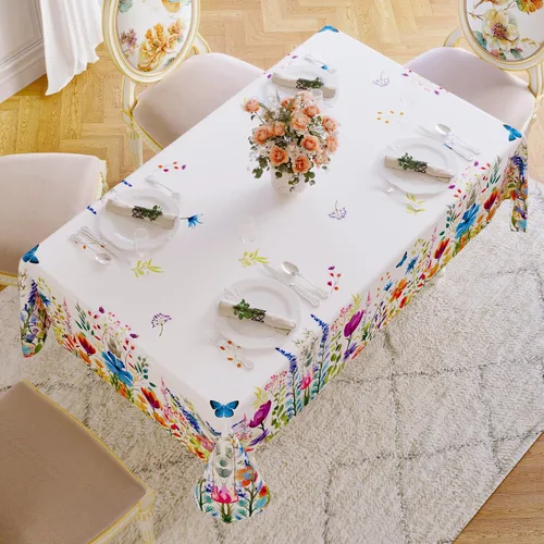 Miniatura 3 de Softalker Mantel rectangular de primavera – Mantel decorativo impermeable con patrón floral de Pascua, resistente a las manchas, sin arrugas