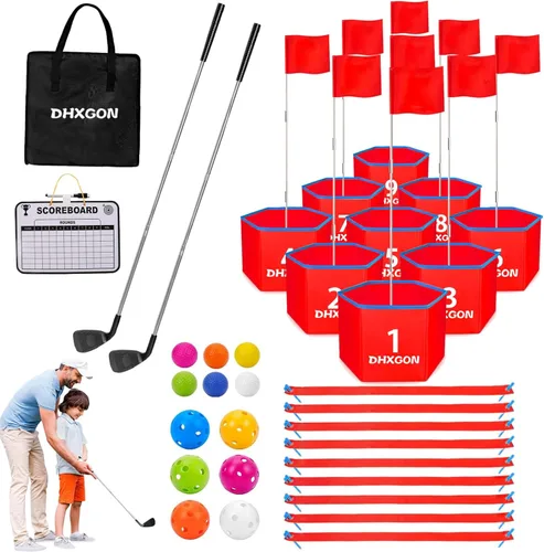Juego de golf para patio trasero con 2 palos, campo de golf portátil de 9 agujeros, juego de astillado de golf al aire libre para familias y