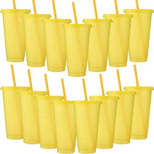 Miniatura 12 de Honeydak Paquete de 60 vasos con popote y tapa, vasos a granel para regalos, tazas de café de plástico con purpurina de 24 a 27 onzas, botella