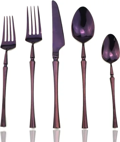Miniatura 11 de JASHII Juego de cubiertos de acero inoxidable de 6 piezas, servicio para 1 juego de vajilla de cocina, elegante juego de vajilla morada, cuchillo, 6