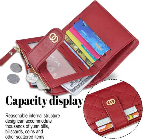 Miniatura 2 de Cartera pequeña para mujer, de cuero, plegable, con bloqueo RFID, tarjetero compacto para tarjetas de crédito, cartera, Negro -, Billetera Billetera