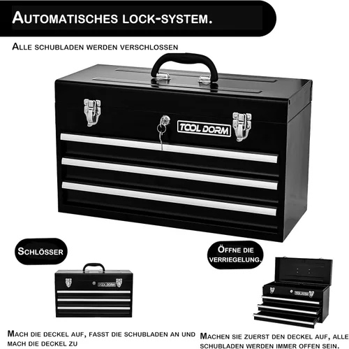 Miniatura 5 de Caja de herramientas de metal de 20.3 pulgadas con cajones, caja de herramientas de acero portátil con forro protector y cierre de pestillo y Negro