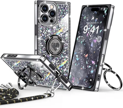Miniatura 53 de XYZ Funda para iPhone 13, con purpurina brillante con soporte de corazón de 2 anillos y cordón, funda protectora a prueba de golpes con diamantes
