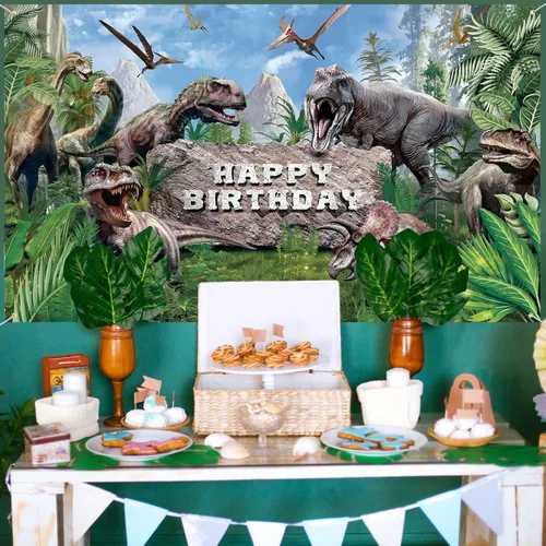 Miniatura 4 de Tatuo Telón de fondo de dinosaurio para cumpleaños, 72.8 x 43.3 pulgadas, fondo de fotografía de dinosaurio, decoración de fiesta de selva
