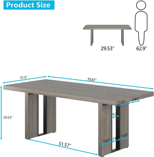 Miniatura 2 de Gyfimoie Mesa de comedor grande de 71 pulgadas, mesa de comedor rústica para 6 a 8 personas, mesa de cocina rectangular gruesa con patas resistentes